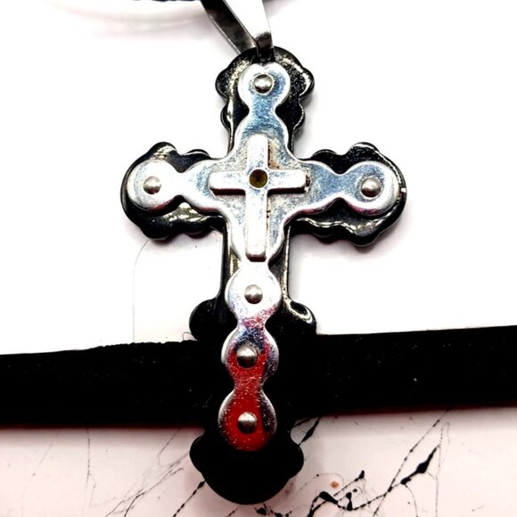 Black + Silver Stainless Steel Cross On Black Cord Choker Necklace 16 " - Picture 7 of 10